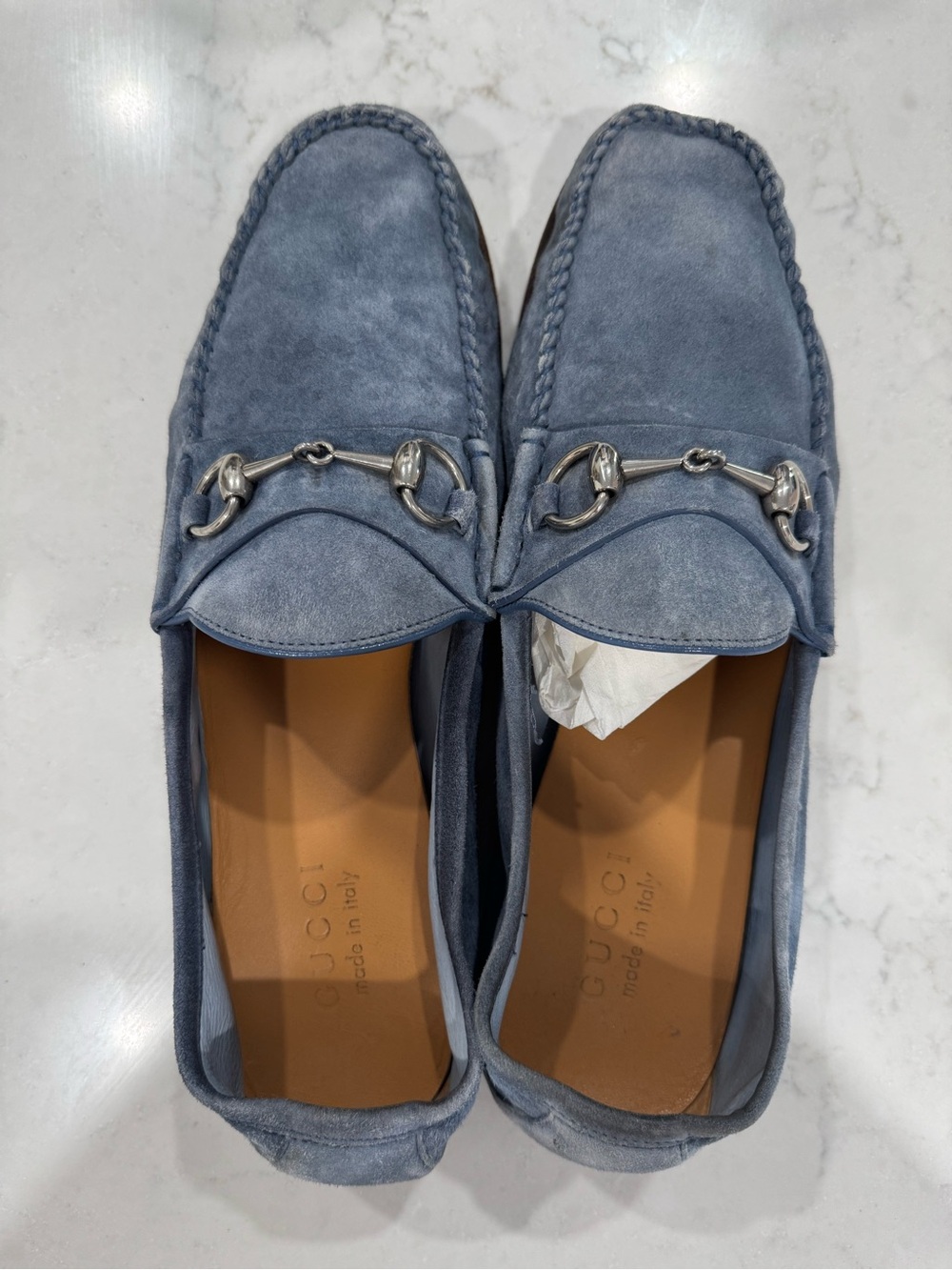 Gucci Blue Suede Horsebit Slip-On Loafers